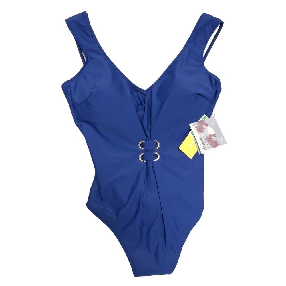 NWT - PERONA - Solid Blue Tank Style Modest V-Neck One-Piece Swimsuit - Size 14